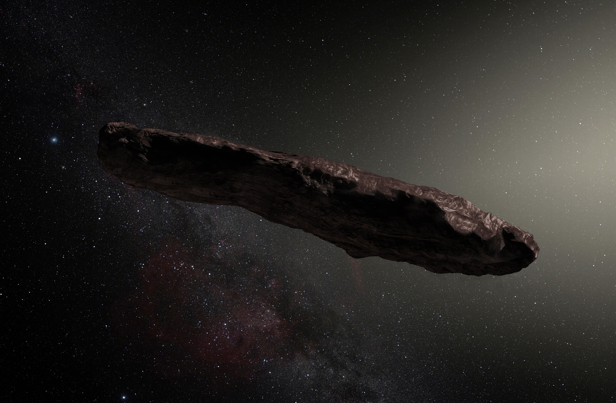 Artist's impression of the elongated interstellar object Oumuamua tumbling through space